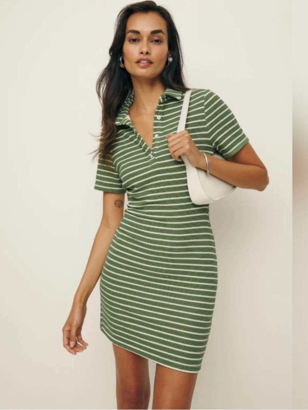 Reformation Elena Knit Dress Size Medium Green and White Stripe Polo Dress